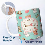 Personalized Custom Name Cute Bear Sloth Lamb Cherry Strawberry Seamless Pattern on Mint 11oz Ceramic Coffee Tea Mug White Large Handle
