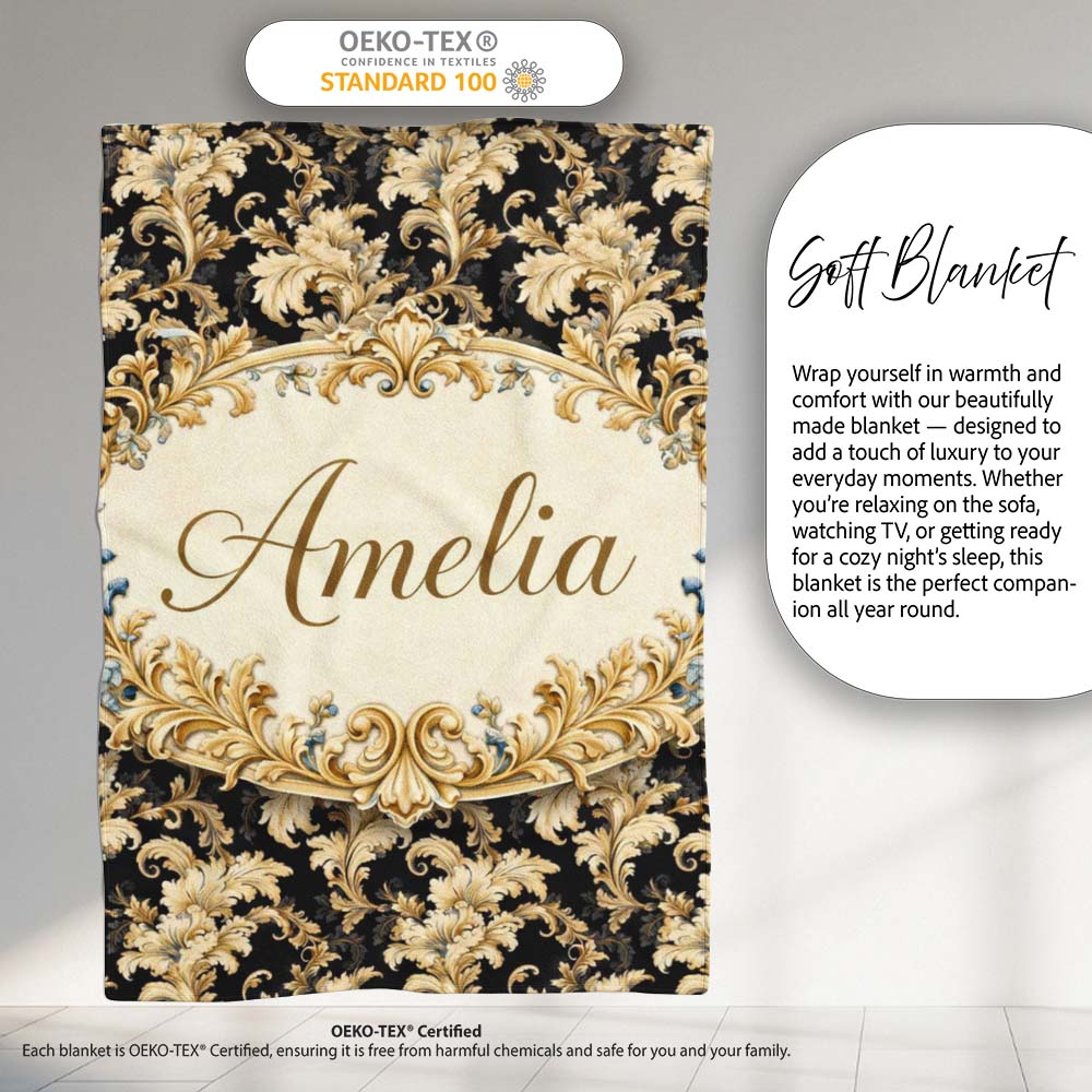 Ivory Gold Damask Seamless Pattern Classic Elegant Ornamental Lovely  Personalised Custom Name Super Soft Fleece Blanket Bed Sofa Throw