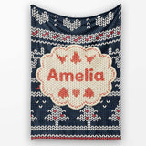 Cute Blue Nordic Snowflake Winter Traditional Knitted Seamless  Personalised Custom Name Super Soft Fleece Blanket Bed Sofa Throw