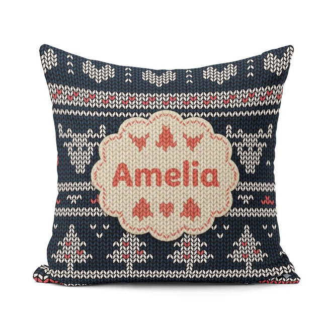 Custom Name Cute Blue Nordic Winter Traditional Knitted Seamless Square Filled Cushion Throw Pillow Sofa Bed Home Decor Zip Washable UK Made