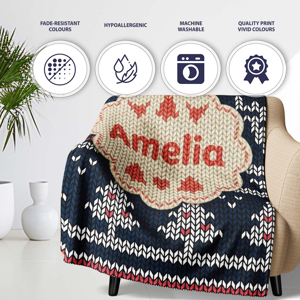 Cute Blue Nordic Snowflake Winter Traditional Knitted Seamless  Personalised Custom Name Super Soft Fleece Blanket Bed Sofa Throw
