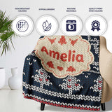 Cute Blue Nordic Snowflake Winter Traditional Knitted Seamless  Personalised Custom Name Super Soft Fleece Blanket Bed Sofa Throw