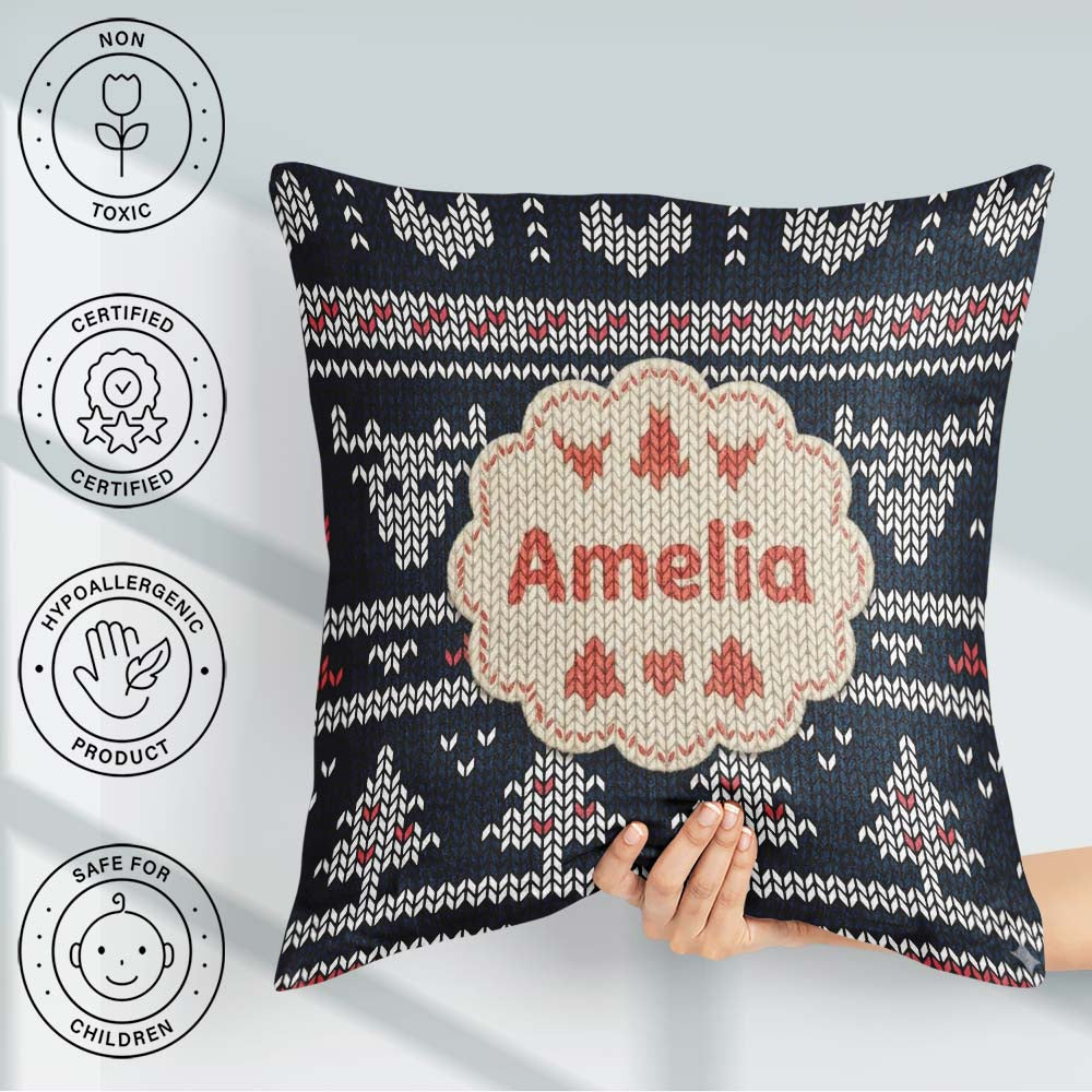 Custom Name Cute Blue Nordic Winter Traditional Knitted Seamless Square Filled Cushion Throw Pillow Sofa Bed Home Decor Zip Washable UK Made