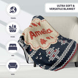 Cute Blue Nordic Snowflake Winter Traditional Knitted Seamless  Personalised Custom Name Super Soft Fleece Blanket Bed Sofa Throw