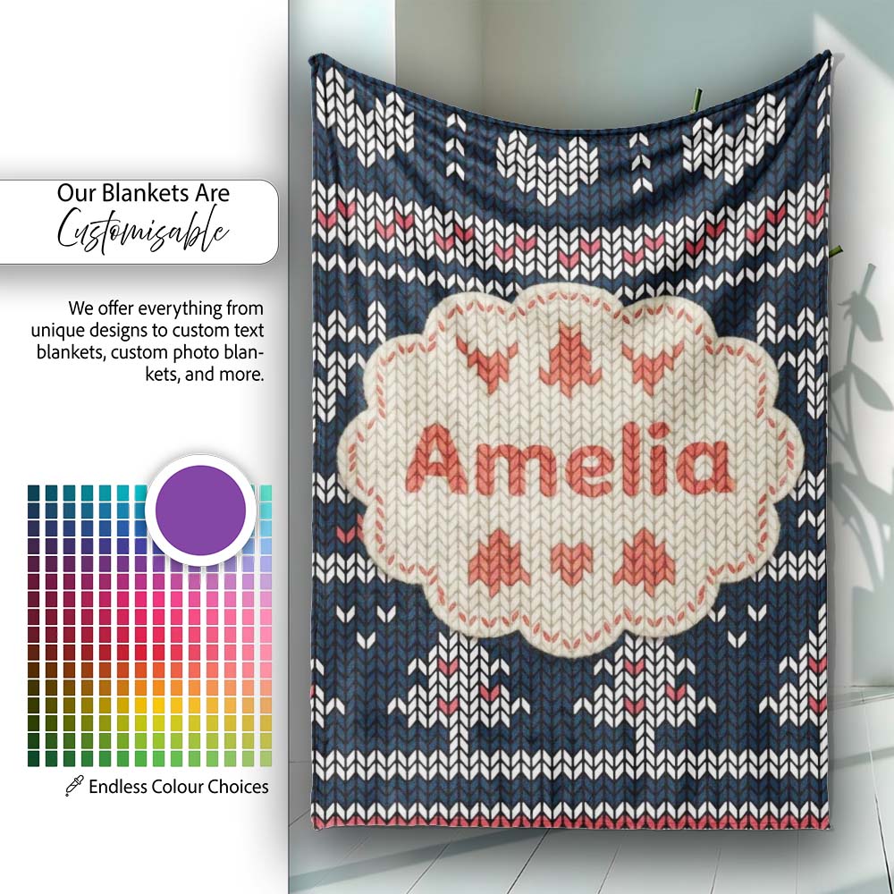 Cute Blue Nordic Snowflake Winter Traditional Knitted Seamless  Personalised Custom Name Super Soft Fleece Blanket Bed Sofa Throw