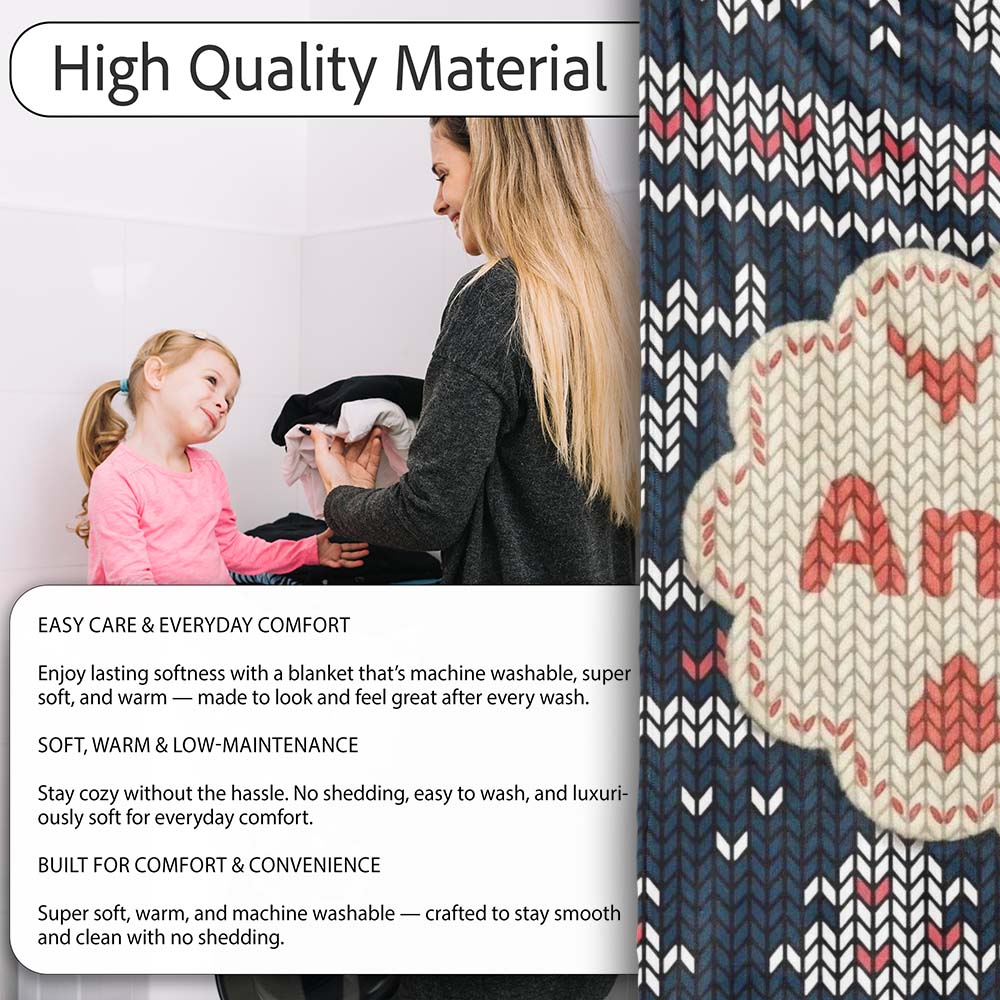 Cute Blue Nordic Snowflake Winter Traditional Knitted Seamless  Personalised Custom Name Super Soft Fleece Blanket Bed Sofa Throw