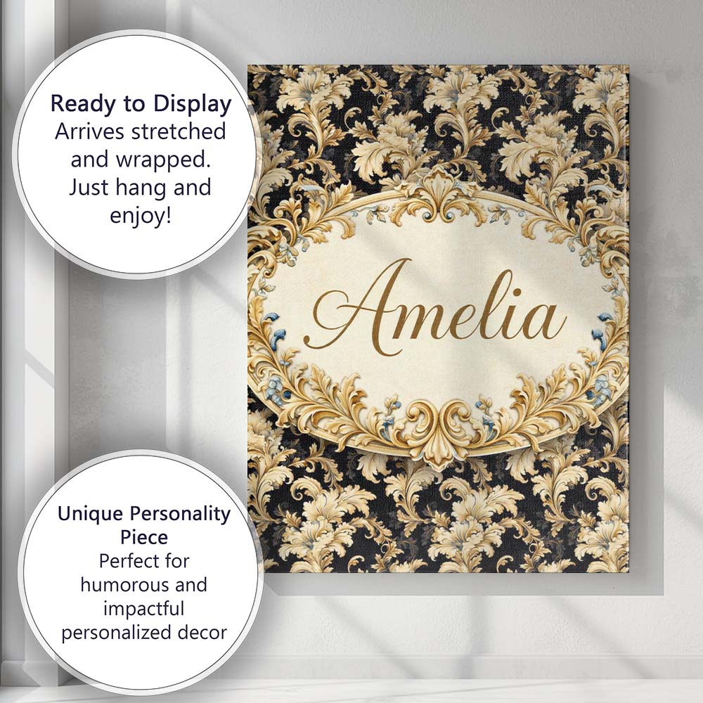 Personalised Name Ivory Gold Damask Seamless Pattern Classic Elegant Custom  Home Canvas Wall Art Print Decor Picture Ready to Hang