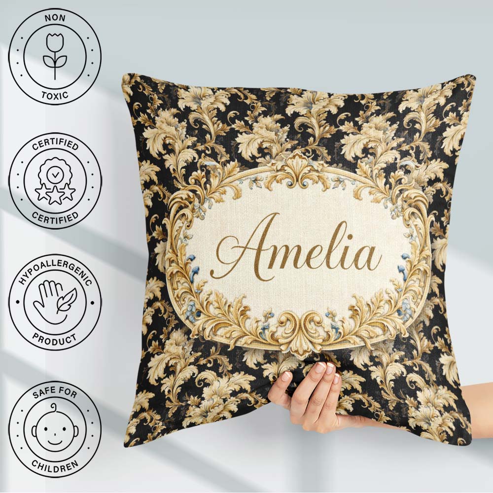 Custom Name Ivory Gold Damask Pattern Classic Elegant Ornamental Square Filled Cushion Throw Pillow Sofa Bed Home Decor Zip Washable UK Made