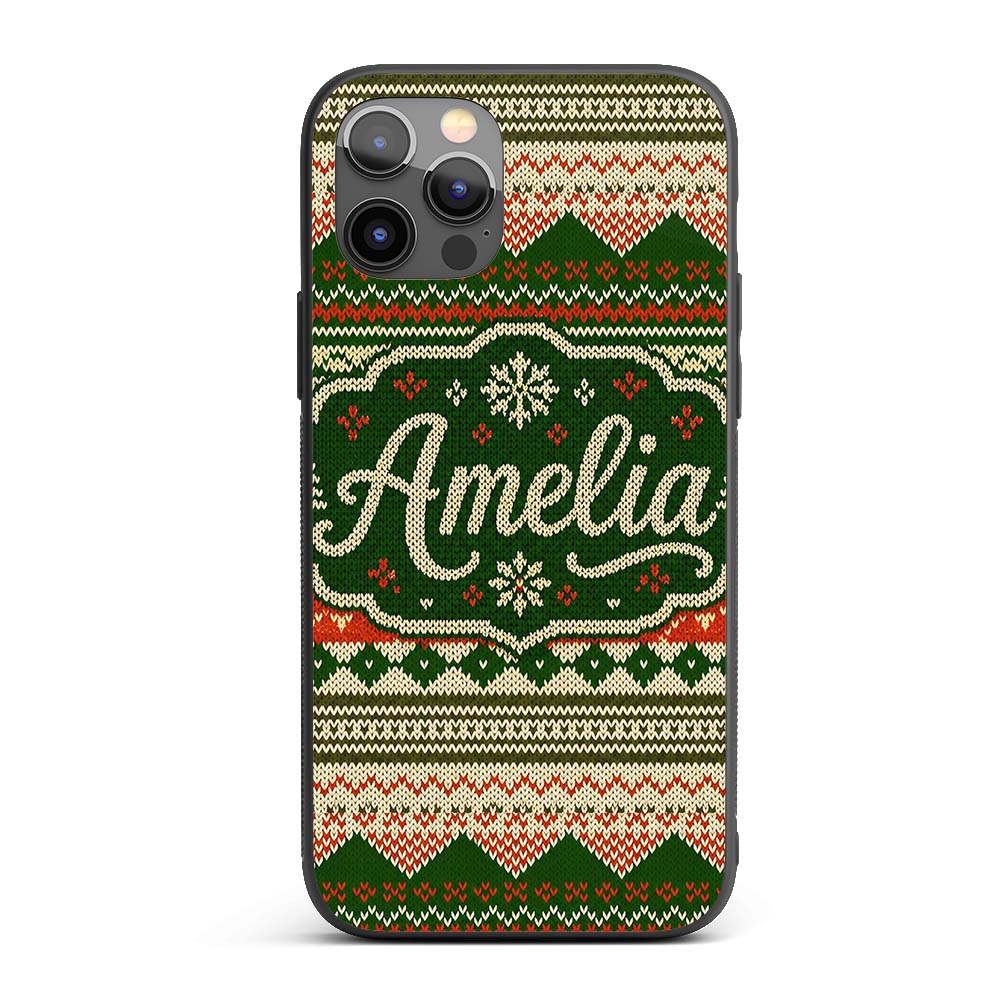 Cute Green Beige Nordic Geometric Winter Knitted Custom Name Protective Phone Case Mobile Cover Durable Everyday Smartphone Shock Resistant