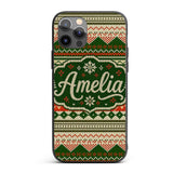 Cute Green Beige Nordic Geometric Winter Knitted Custom Name Protective Phone Case Mobile Cover Durable Everyday Smartphone Shock Resistant