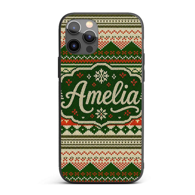 Cute Green Beige Nordic Geometric Winter Knitted Custom Name Protective Phone Case Mobile Cover Durable Everyday Smartphone Shock Resistant