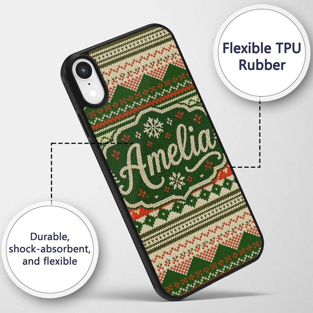Cute Green Beige Nordic Geometric Winter Knitted Custom Name Protective Phone Case Mobile Cover Durable Everyday Smartphone Shock Resistant