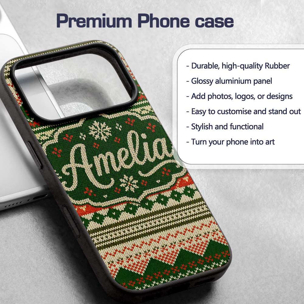 Cute Green Beige Nordic Geometric Winter Knitted Custom Name Protective Phone Case Mobile Cover Durable Everyday Smartphone Shock Resistant