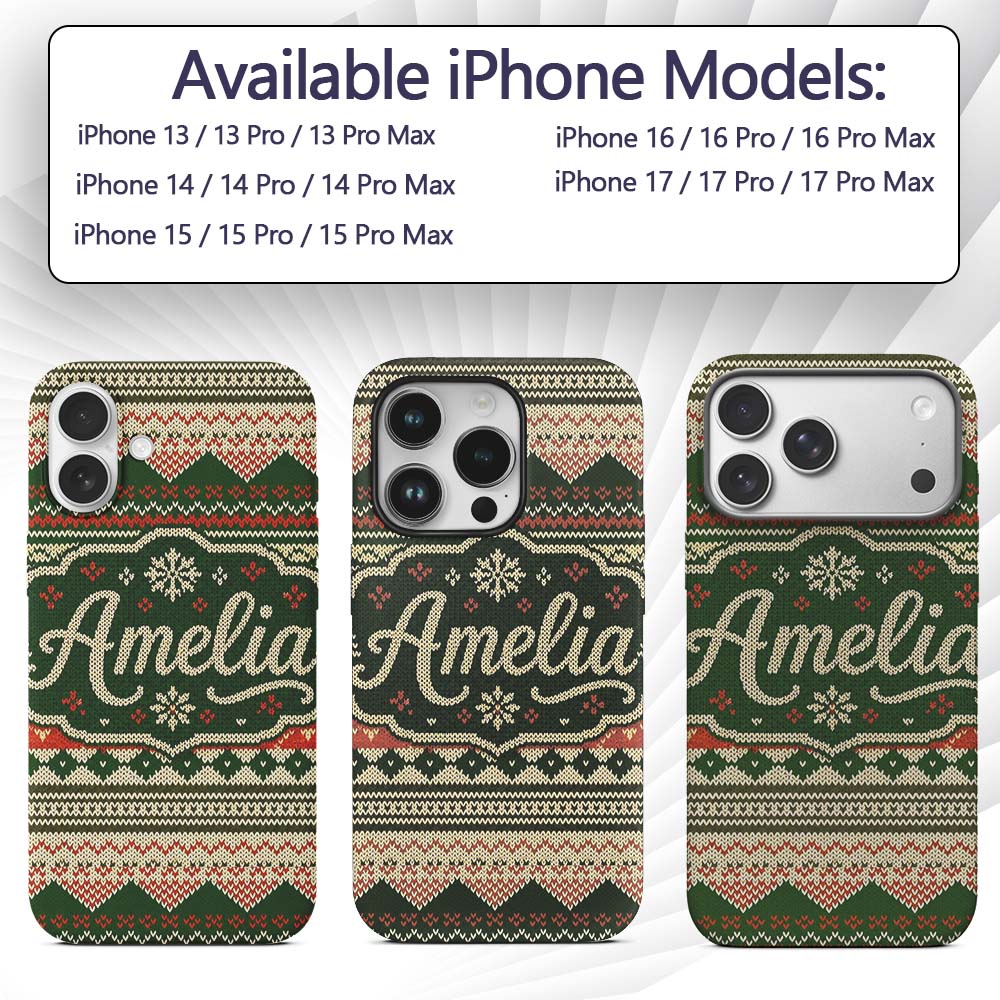 Cute Green Beige Nordic Geometric Winter Knitted Custom Name Protective Phone Case Mobile Cover Durable Everyday Smartphone Shock Resistant