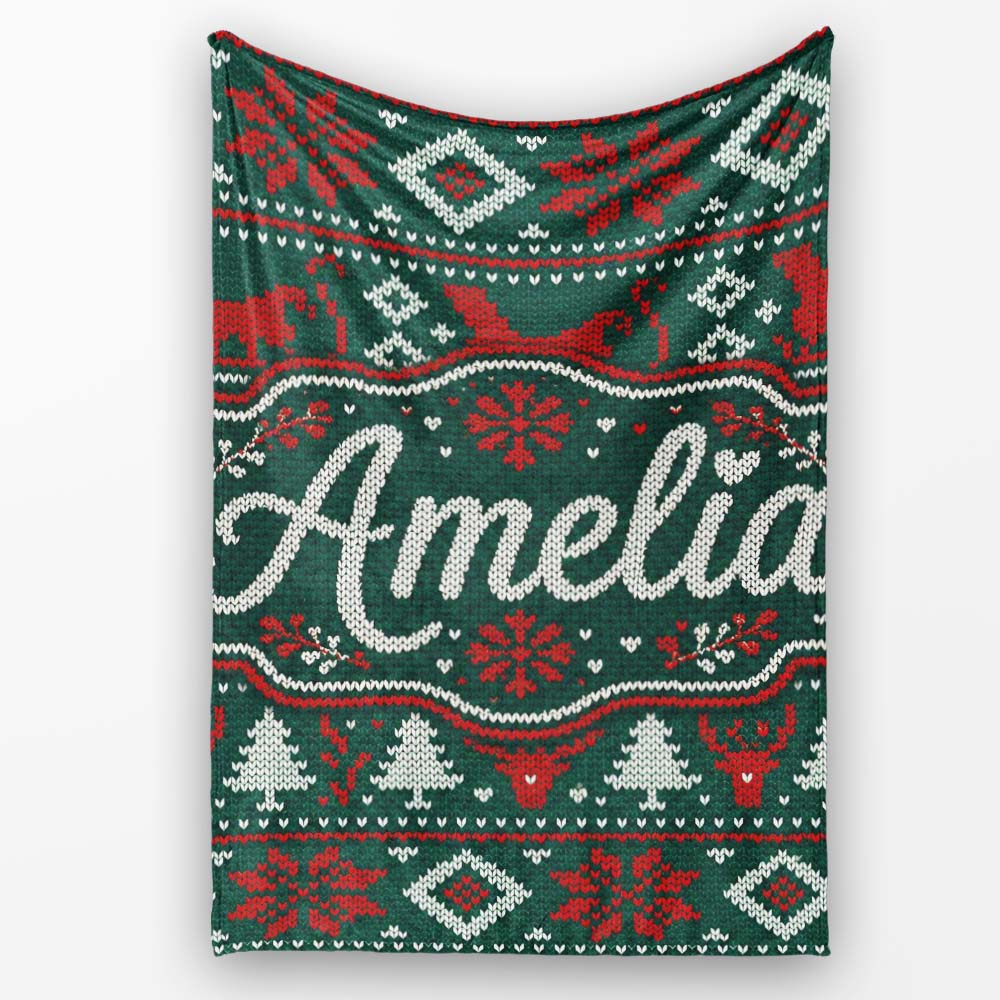 Cute Green Red Nordic Animal Winter Festive Knitted Seamless Pattern  Personalised Custom Name Super Soft Fleece Blanket Bed Sofa Throw