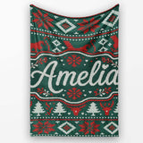 Cute Green Red Nordic Animal Winter Festive Knitted Seamless Pattern  Personalised Custom Name Super Soft Fleece Blanket Bed Sofa Throw