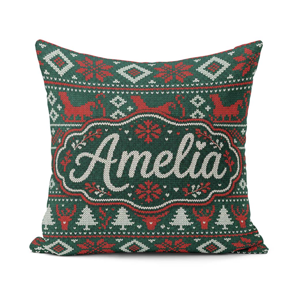 Custom Name Cute Green Red Nordic Animal Winter Festive Seamless Square Filled Cushion Throw Pillow Sofa Bed Home Decor Zip Washable UK Made