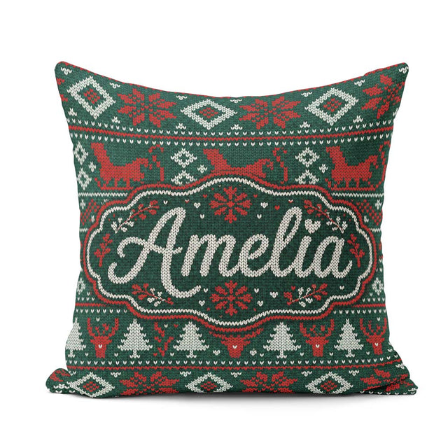 Custom Name Cute Green Red Nordic Animal Winter Festive Seamless Square Filled Cushion Throw Pillow Sofa Bed Home Decor Zip Washable UK Made