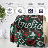 Cute Green Red Nordic Animal Winter Festive Knitted Seamless Pattern  Personalised Custom Name Super Soft Fleece Blanket Bed Sofa Throw