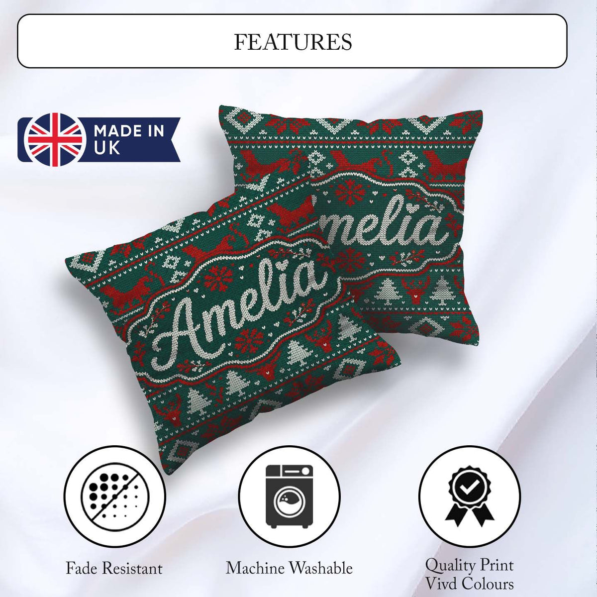 Custom Name Cute Green Red Nordic Animal Winter Festive Seamless Square Filled Cushion Throw Pillow Sofa Bed Home Decor Zip Washable UK Made