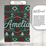 Cute Green Red Nordic Animal Winter Festive Knitted Seamless Pattern  Personalised Custom Name Super Soft Fleece Blanket Bed Sofa Throw