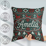 Custom Name Cute Green Red Nordic Animal Winter Festive Seamless Square Filled Cushion Throw Pillow Sofa Bed Home Decor Zip Washable UK Made