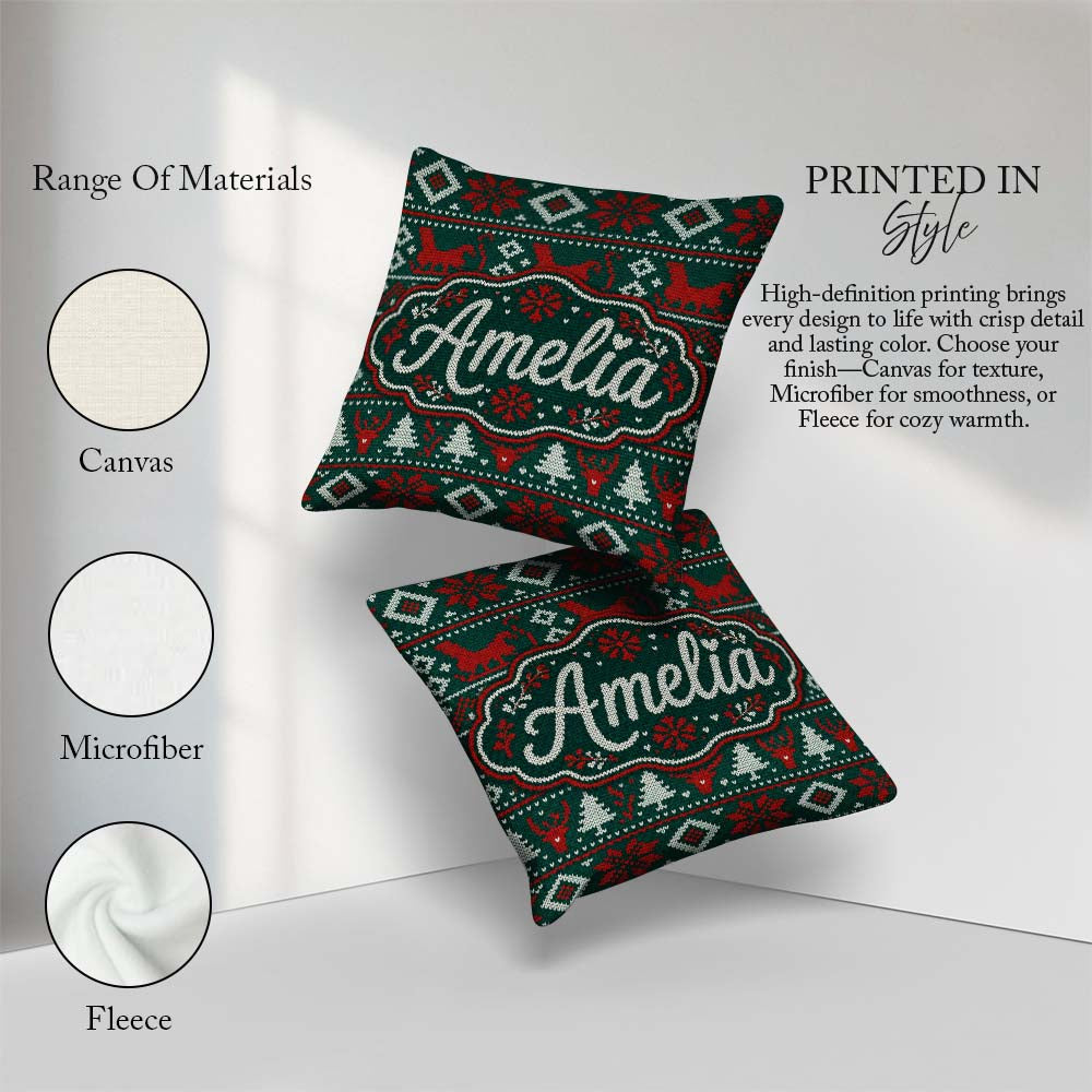 Custom Name Cute Green Red Nordic Animal Winter Festive Seamless Square Filled Cushion Throw Pillow Sofa Bed Home Decor Zip Washable UK Made