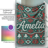 Cute Green Red Nordic Animal Winter Festive Knitted Seamless Pattern  Personalised Custom Name Super Soft Fleece Blanket Bed Sofa Throw