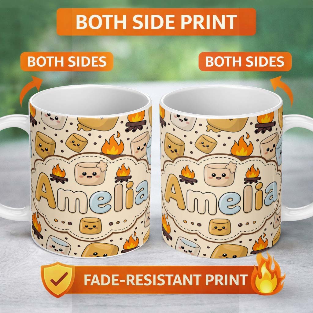Personalized Custom Name Cute Marshmallows Campfire Smores Sweet Treat Seamless Pattern 11oz Ceramic Coffee Tea Mug White Large Handle