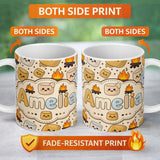 Personalized Custom Name Cute Marshmallows Campfire Smores Sweet Treat Seamless Pattern 11oz Ceramic Coffee Tea Mug White Large Handle