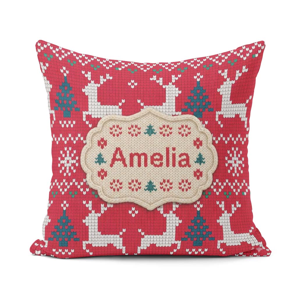Custom Name Cute Red Nordic Reindeer Snowflake Christmas Knitted Square Filled Cushion Throw Pillow Sofa Bed Home Decor Zip Washable UK Made
