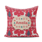 Custom Name Cute Red Nordic Reindeer Snowflake Christmas Knitted Square Filled Cushion Throw Pillow Sofa Bed Home Decor Zip Washable UK Made