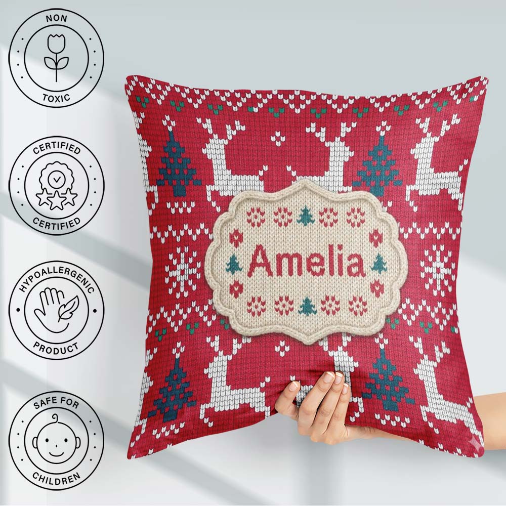 Custom Name Cute Red Nordic Reindeer Snowflake Christmas Knitted Square Filled Cushion Throw Pillow Sofa Bed Home Decor Zip Washable UK Made