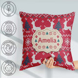 Custom Name Cute Red Nordic Reindeer Snowflake Christmas Knitted Square Filled Cushion Throw Pillow Sofa Bed Home Decor Zip Washable UK Made