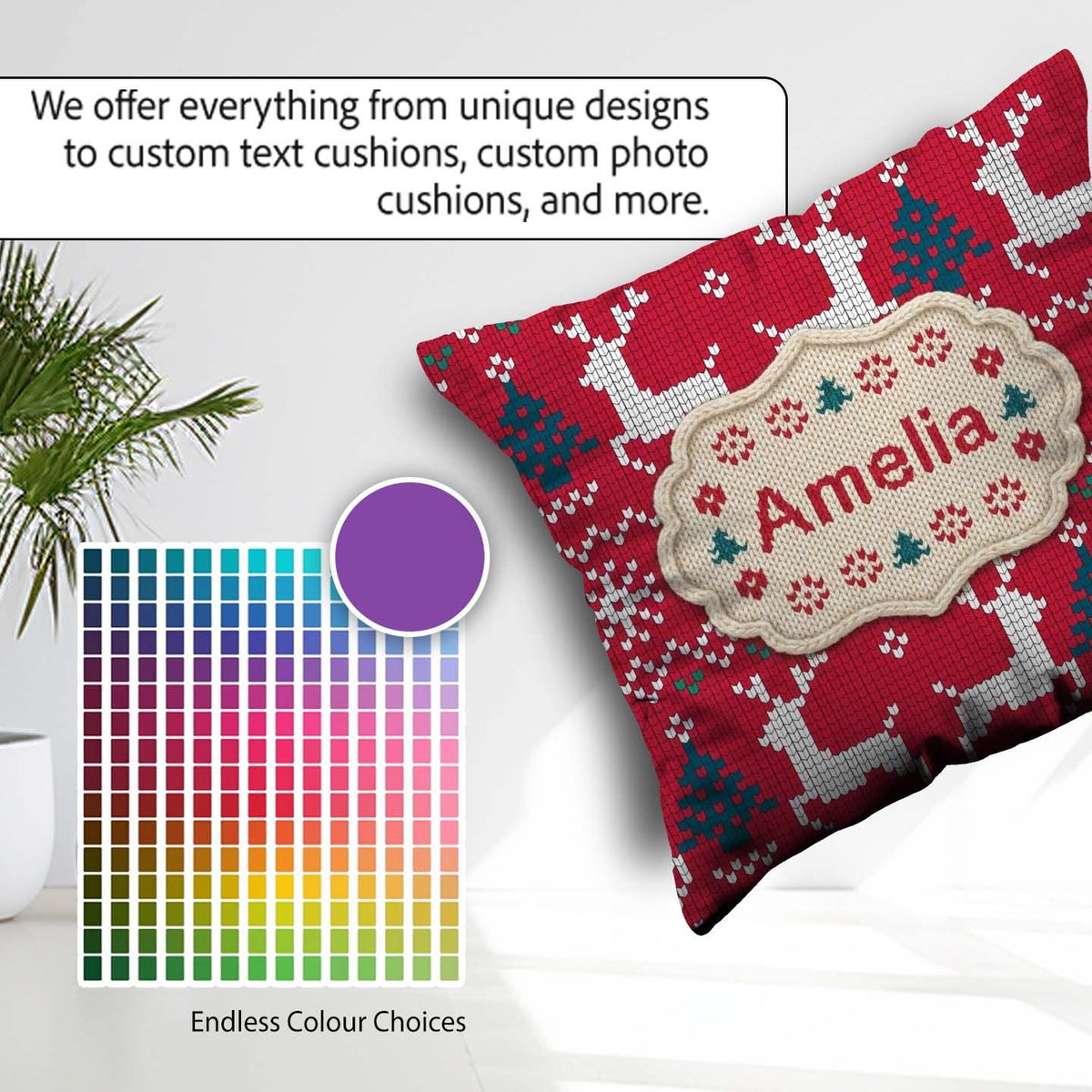 Custom Name Cute Red Nordic Reindeer Snowflake Christmas Knitted Square Filled Cushion Throw Pillow Sofa Bed Home Decor Zip Washable UK Made