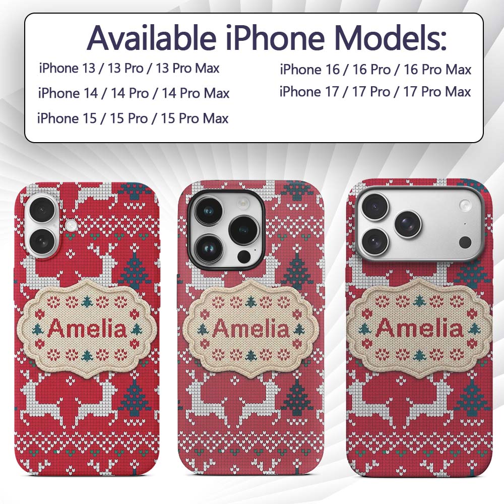 Cute Red Nordic Reindeer Snowflake Christmas Custom Name Protective Phone Case Mobile Cover Durable Everyday Smartphone Shock Resistant