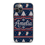 Cute Blue Nordic Reindeer Mountain Winter Knitted Custom Name Protective Phone Case Mobile Cover Durable Everyday Smartphone Shock Resistant