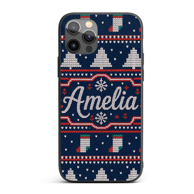 Cute Blue Nordic Reindeer Mountain Winter Knitted Custom Name Protective Phone Case Mobile Cover Durable Everyday Smartphone Shock Resistant