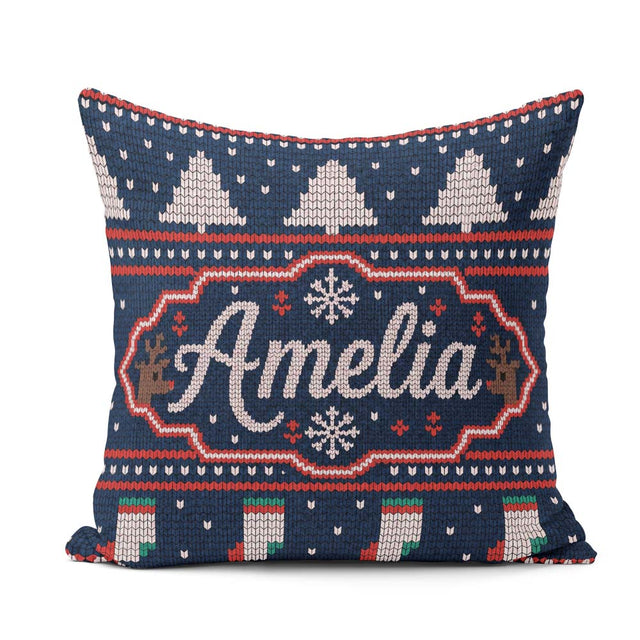 Custom Name Blue Nordic Reindeer Mountain Winter Knitted Pattern Square Filled Cushion Throw Pillow Sofa Bed Home Decor Zip Washable UK Made