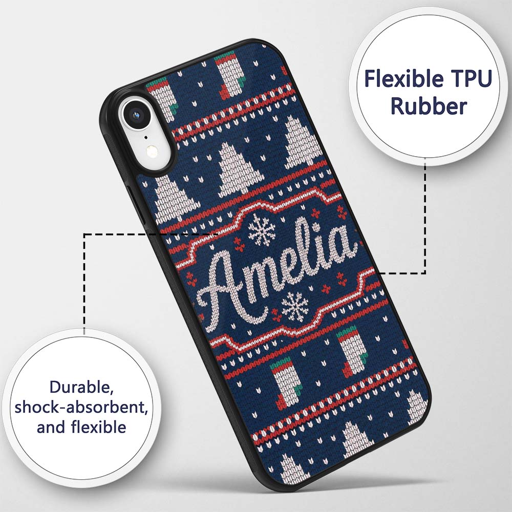 Cute Blue Nordic Reindeer Mountain Winter Knitted Custom Name Protective Phone Case Mobile Cover Durable Everyday Smartphone Shock Resistant