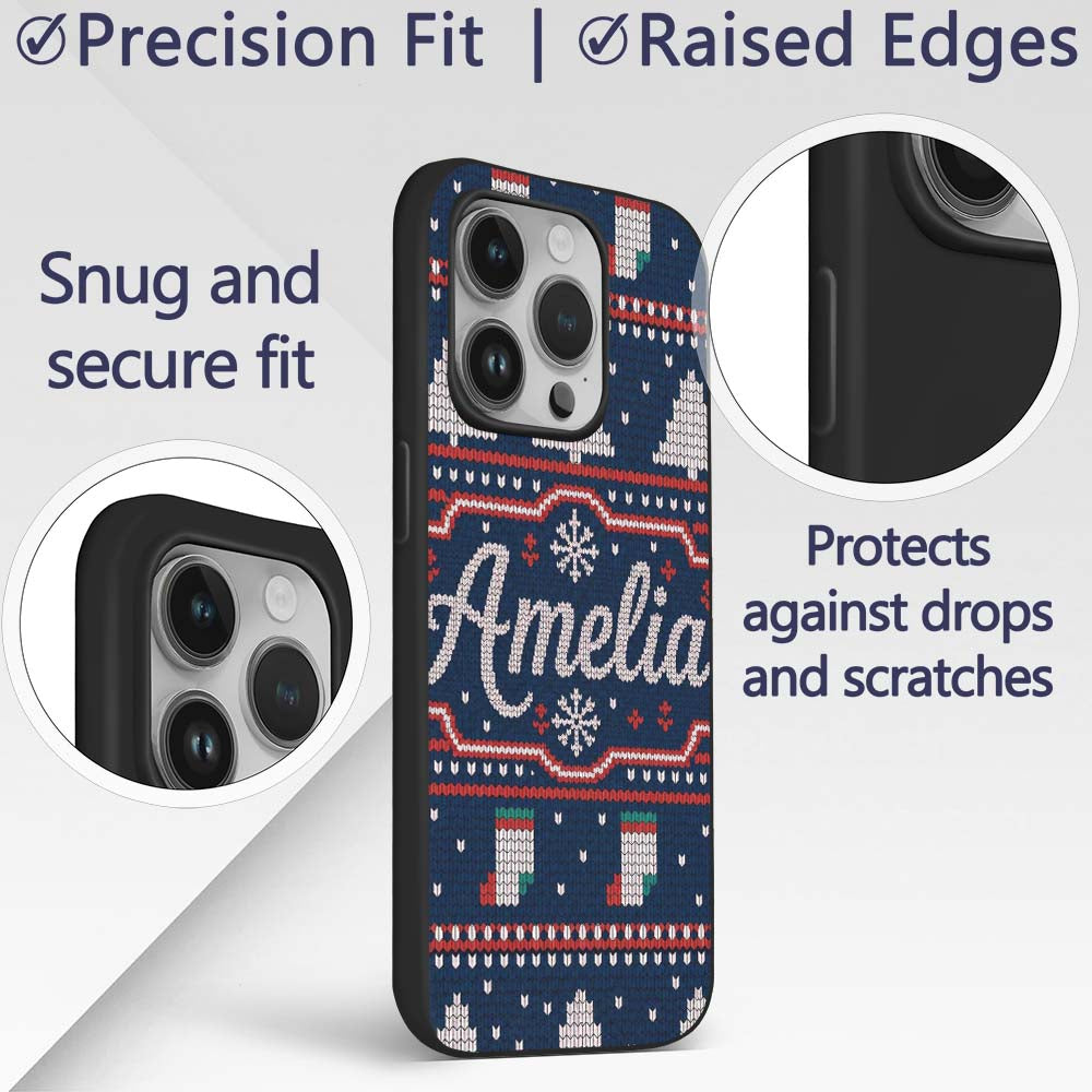 Cute Blue Nordic Reindeer Mountain Winter Knitted Custom Name Protective Phone Case Mobile Cover Durable Everyday Smartphone Shock Resistant