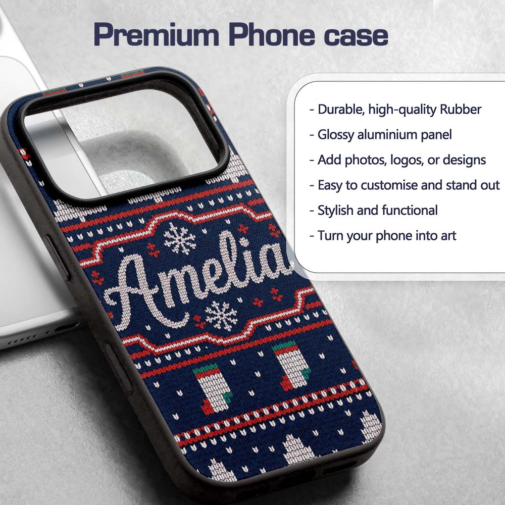 Cute Blue Nordic Reindeer Mountain Winter Knitted Custom Name Protective Phone Case Mobile Cover Durable Everyday Smartphone Shock Resistant