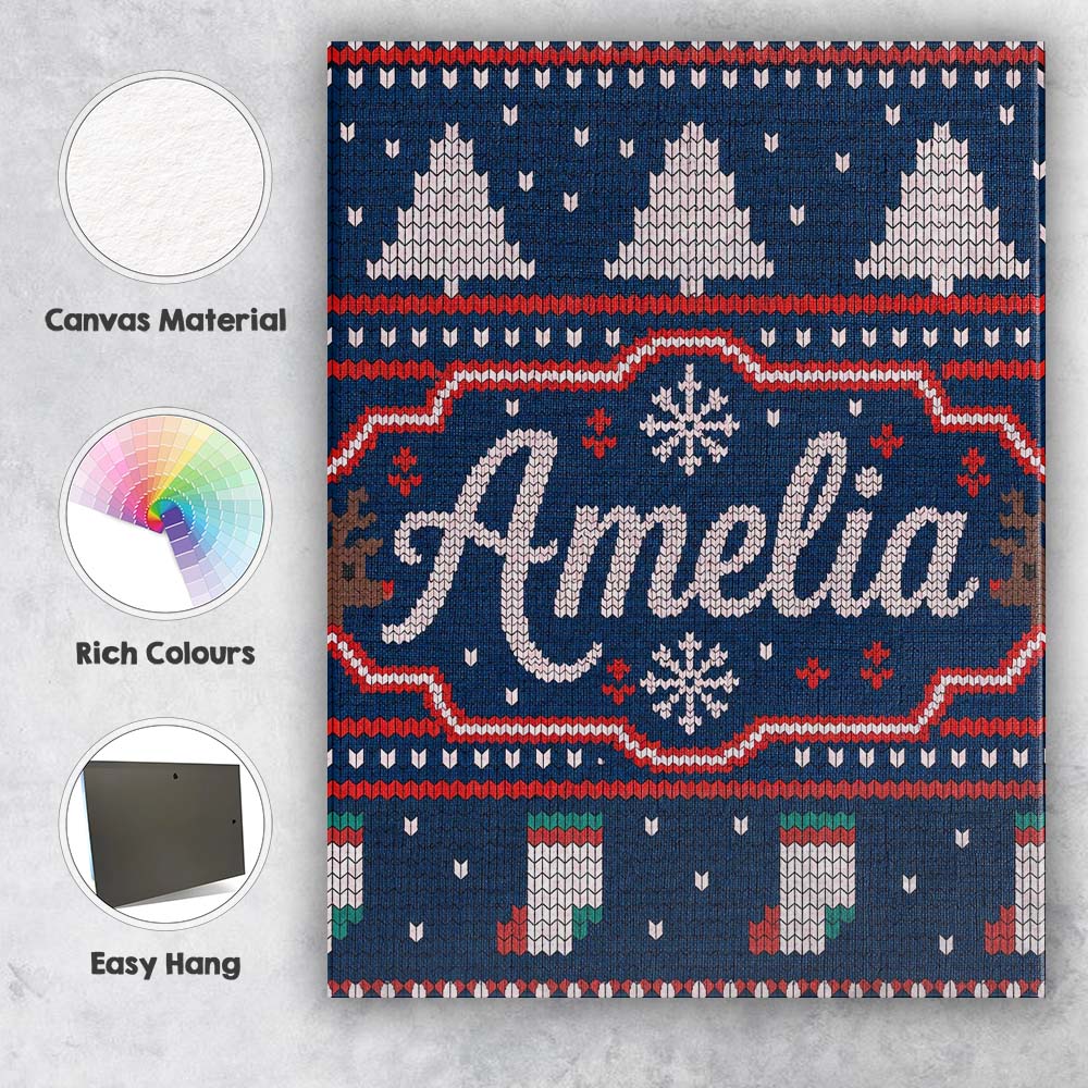Personalised Name Cute Blue Nordic Reindeer Custom  Bespoke Interior Contemporary Canvas Wall Art Print Decor Picture Ready to Hang
