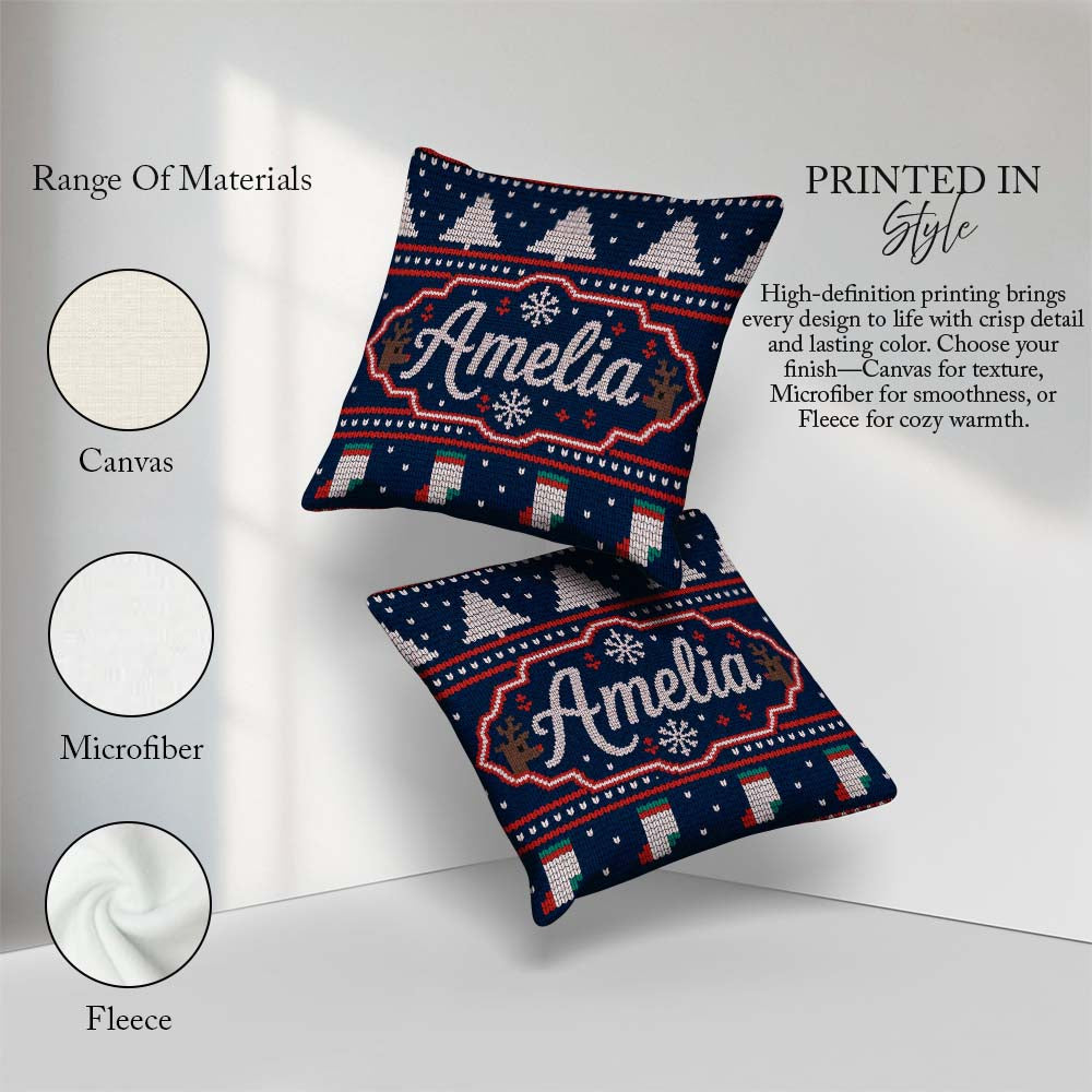 Custom Name Blue Nordic Reindeer Mountain Winter Knitted Pattern Square Filled Cushion Throw Pillow Sofa Bed Home Decor Zip Washable UK Made