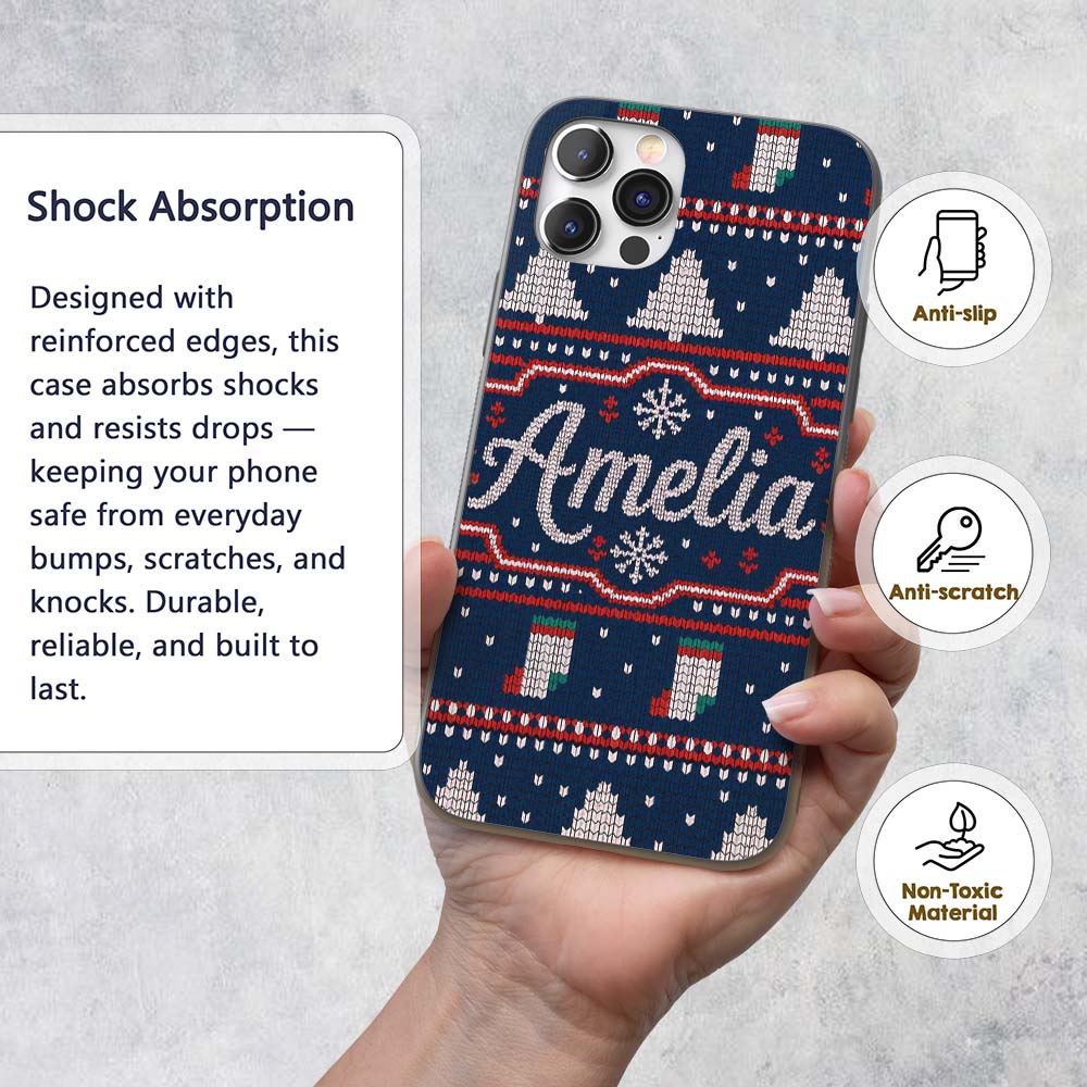 Cute Blue Nordic Reindeer Mountain Winter Knitted Custom Name Protective Phone Case Mobile Cover Durable Everyday Smartphone Shock Resistant