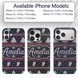 Cute Blue Nordic Reindeer Mountain Winter Knitted Custom Name Protective Phone Case Mobile Cover Durable Everyday Smartphone Shock Resistant
