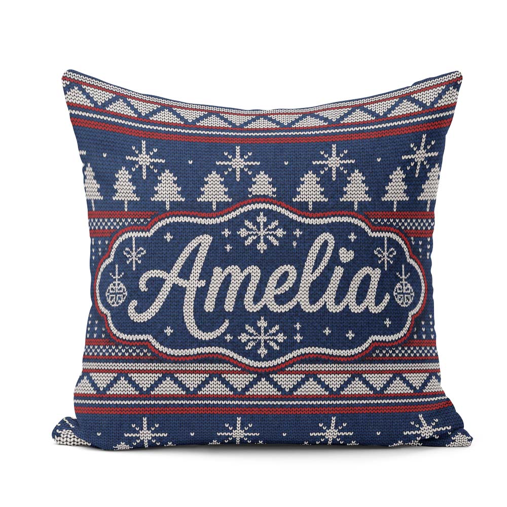 Custom Name Blue Nordic Ornament Winter Knitted Seamless Pattern Square Filled Cushion Throw Pillow Sofa Bed Home Decor Zip Washable UK Made