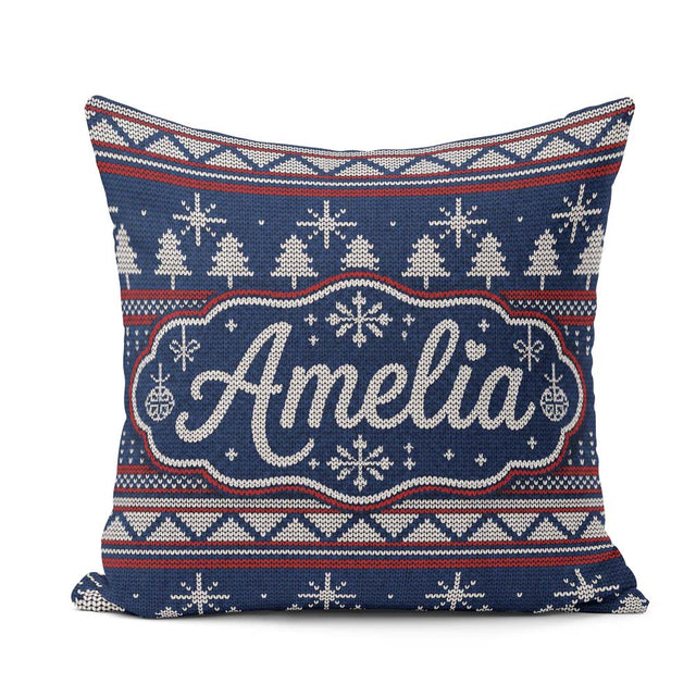 Custom Name Blue Nordic Ornament Winter Knitted Seamless Pattern Square Filled Cushion Throw Pillow Sofa Bed Home Decor Zip Washable UK Made