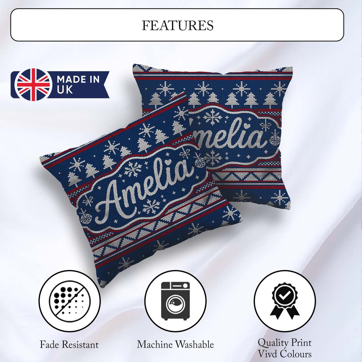 Custom Name Blue Nordic Ornament Winter Knitted Seamless Pattern Square Filled Cushion Throw Pillow Sofa Bed Home Decor Zip Washable UK Made