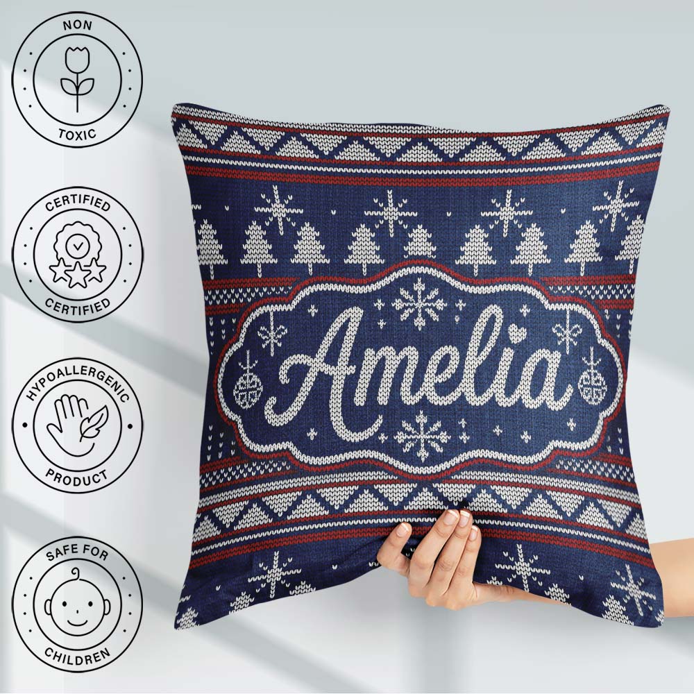 Custom Name Blue Nordic Ornament Winter Knitted Seamless Pattern Square Filled Cushion Throw Pillow Sofa Bed Home Decor Zip Washable UK Made